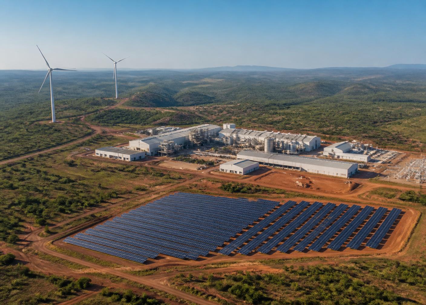 Aerial view of an African industrial plant powered by a solar farm and wind turbines